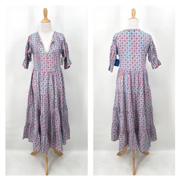CJ LAING Savannah Dress Women XS Blue Pink Cottage Floral Indian Block Print NEW - Picture 1 of 16